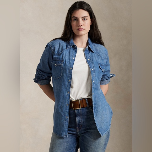 Polo Ralph Lauren Denim Western Shirt Pearl Snap Button Up Top Shirt Women’s XL - Picture 2 of 16